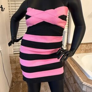 Strapless Pink and Black Bandage Dress